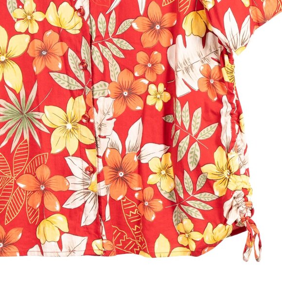 Pappagallo Hawaiian Shirt Womens XL Red Floral Ruched Drawstring Side Buttons - Picture 3 of 6
